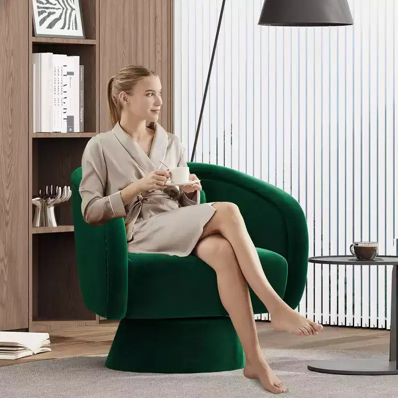 Sillón giratorio de acento de mediados de siglo, tapizado en verde, 360, con forma de barril y almohada lumbar