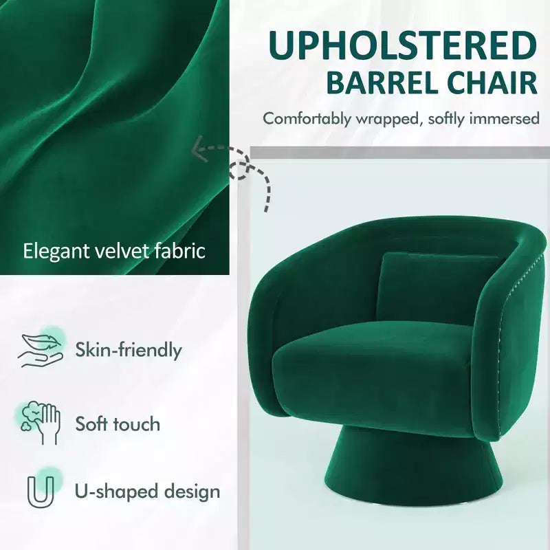 Sillón giratorio de acento de mediados de siglo, tapizado en verde, 360, con forma de barril y almohada lumbar
