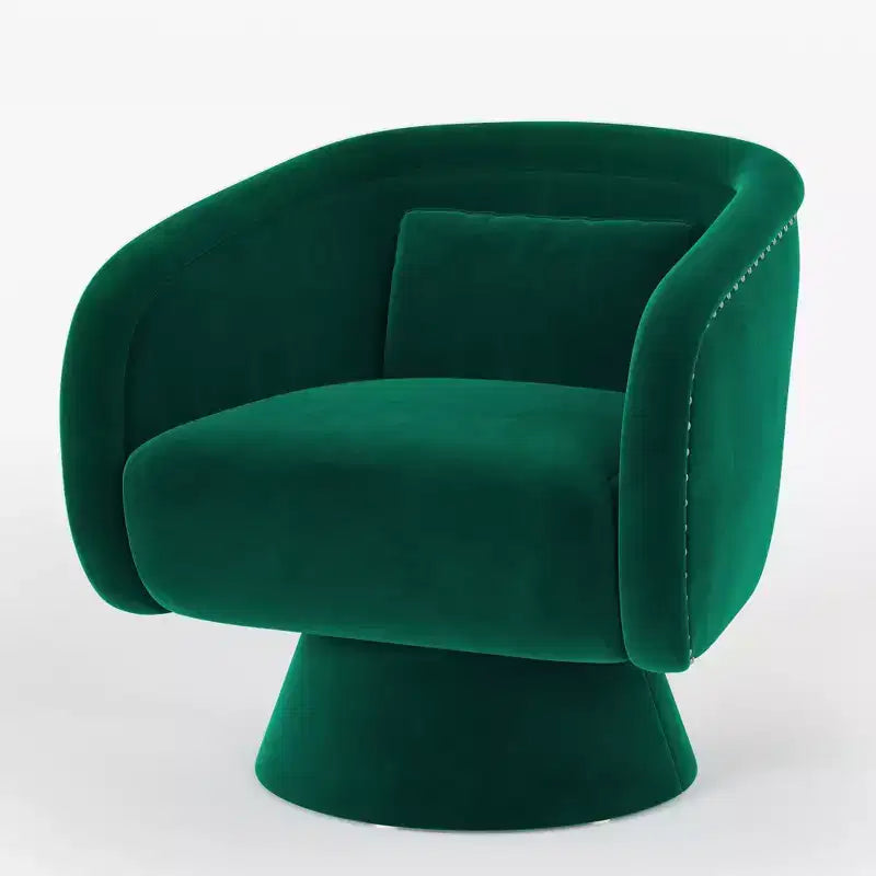 Sillón giratorio de acento de mediados de siglo, tapizado en verde, 360, con forma de barril y almohada lumbar