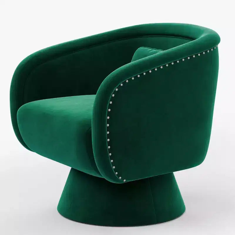 Sillón giratorio de acento de mediados de siglo, tapizado en verde, 360, con forma de barril y almohada lumbar