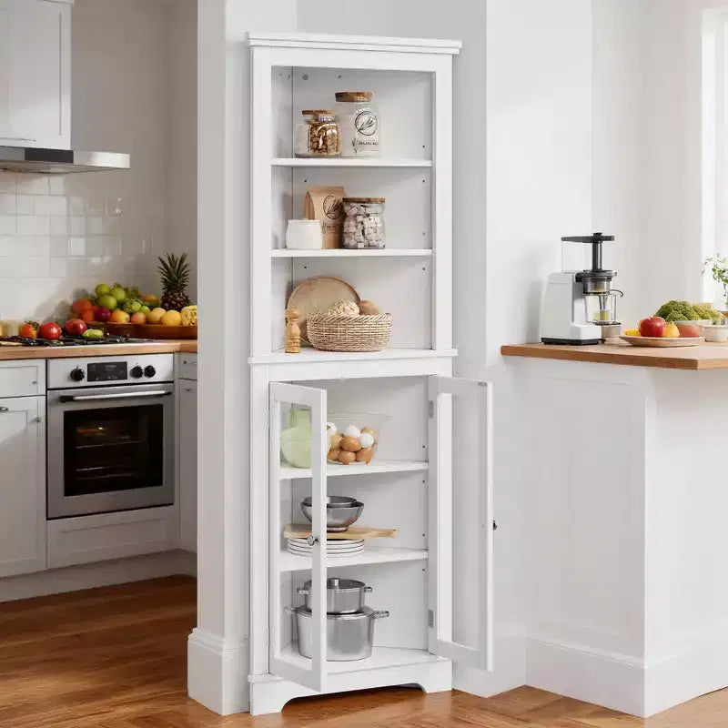 Mueble esquinero independiente con puertas de cristal - Estantería alta - Estantes ajustables - Almacenamiento moderno que ahorra espacio