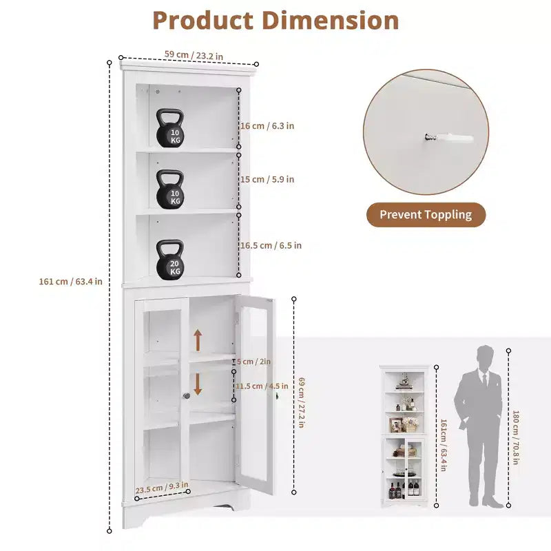 Mueble esquinero independiente con puertas de cristal - Estantería alta - Estantes ajustables - Almacenamiento moderno que ahorra espacio