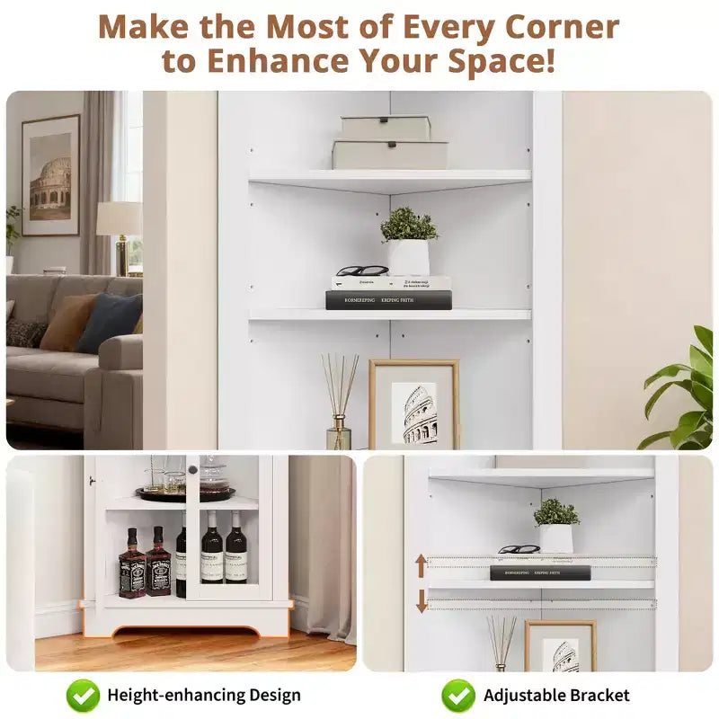 Mueble esquinero independiente con puertas de cristal - Estantería alta - Estantes ajustables - Almacenamiento moderno que ahorra espacio