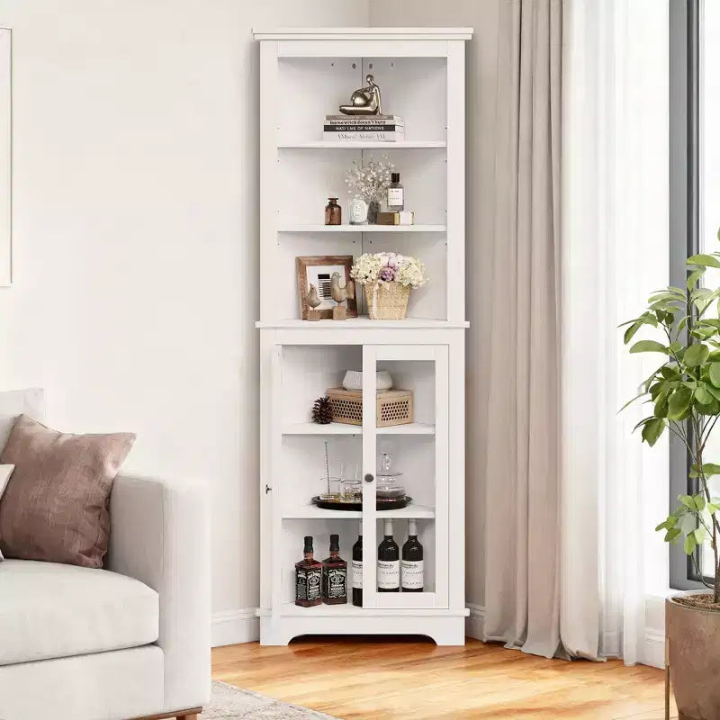 Mueble esquinero independiente con puertas de cristal - Estantería alta - Estantes ajustables - Almacenamiento moderno que ahorra espacio