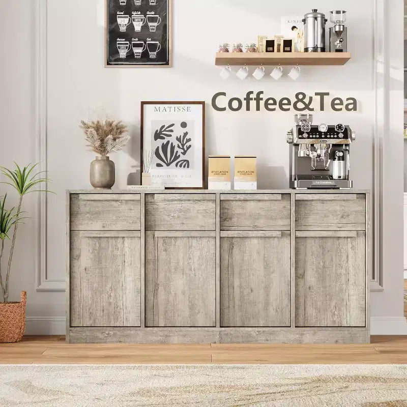 Aparador bufé de 62.4 pulgadas, armario de café grande con 4 puertas y 4 cajones, armario de almacenamiento moderno con estantes ajustables, estación de barra de café de madera