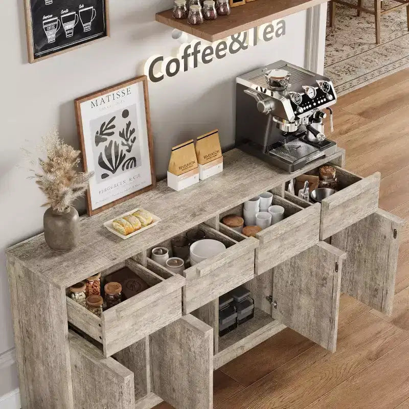 Aparador bufé de 62.4 pulgadas, armario de café grande con 4 puertas y 4 cajones, armario de almacenamiento moderno con estantes ajustables, estación de barra de café de madera