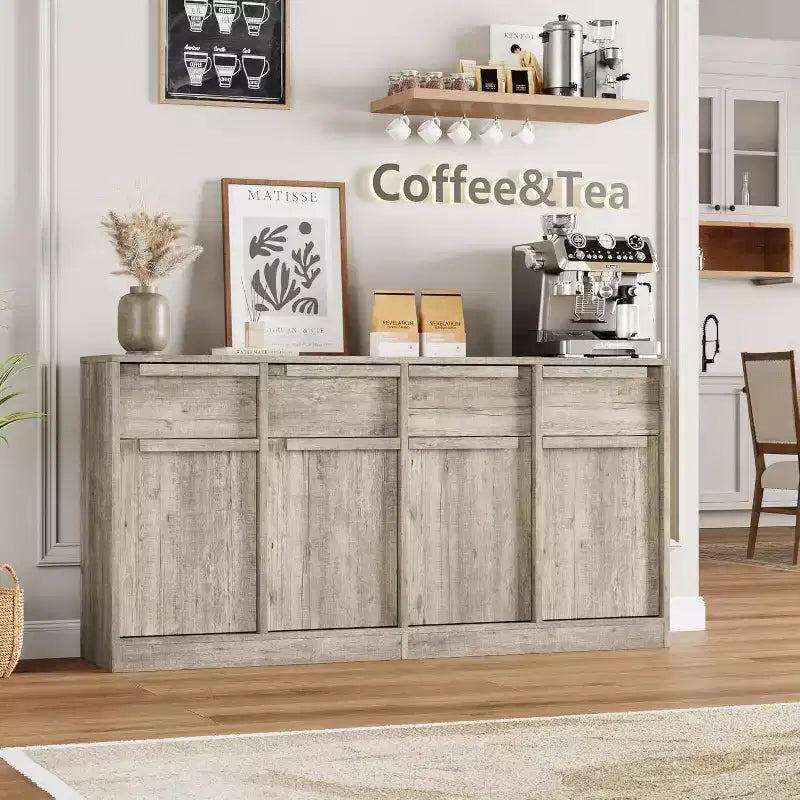Aparador bufé de 62.4 pulgadas, armario de café grande con 4 puertas y 4 cajones, armario de almacenamiento moderno con estantes ajustables, estación de barra de café de madera