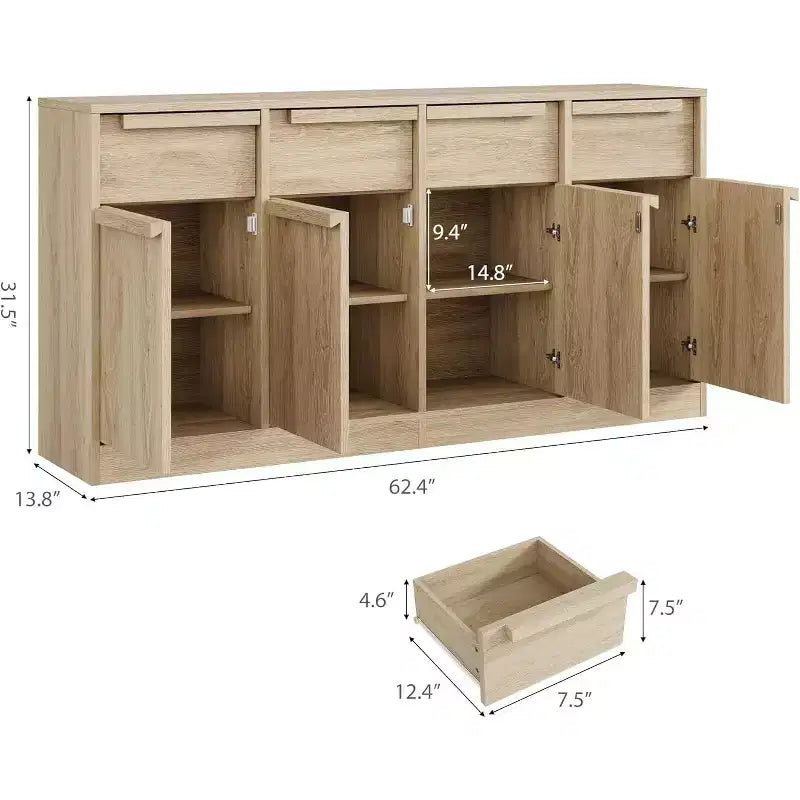 Aparador bufé de 62.4 pulgadas, armario de café grande con 4 puertas y 4 cajones, armario de almacenamiento moderno con estantes ajustables, estación de barra de café de madera
