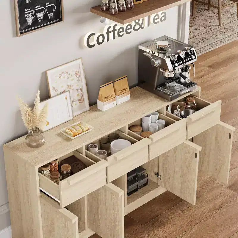Aparador bufé de 62.4 pulgadas, armario de café grande con 4 puertas y 4 cajones, armario de almacenamiento moderno con estantes ajustables, estación de barra de café de madera