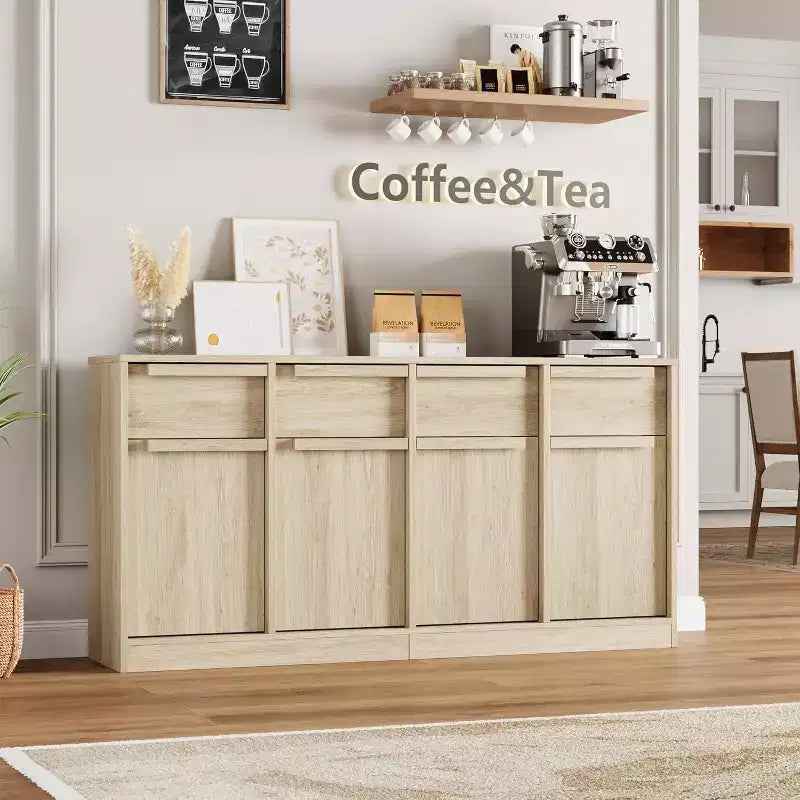 Aparador bufé de 62.4 pulgadas, armario de café grande con 4 puertas y 4 cajones, armario de almacenamiento moderno con estantes ajustables, estación de barra de café de madera