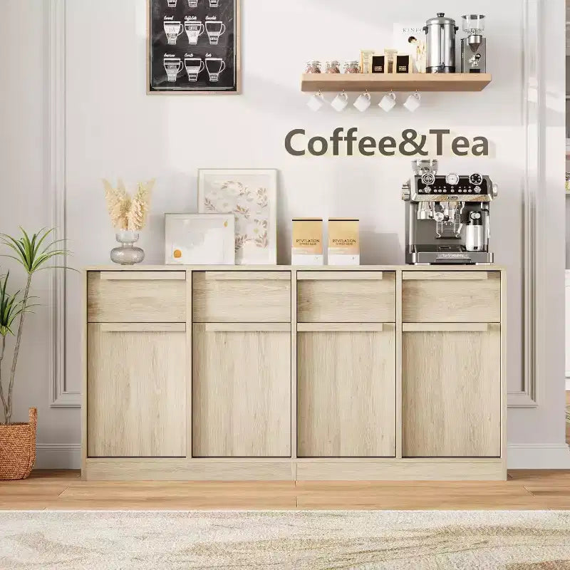 Aparador bufé de 62.4 pulgadas, armario de café grande con 4 puertas y 4 cajones, armario de almacenamiento moderno con estantes ajustables, estación de barra de café de madera