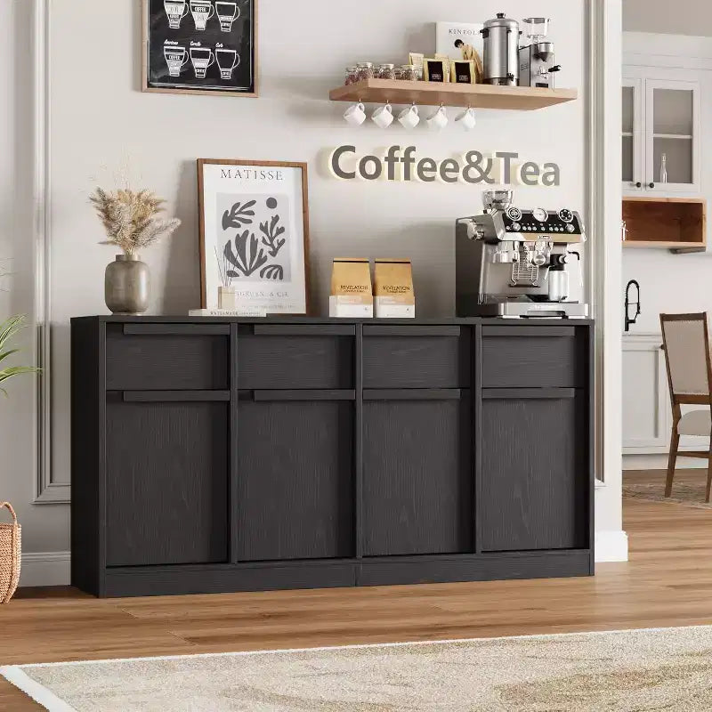 Aparador bufé de 62.4 pulgadas, armario de café grande con 4 puertas y 4 cajones, armario de almacenamiento moderno con estantes ajustables, estación de barra de café de madera