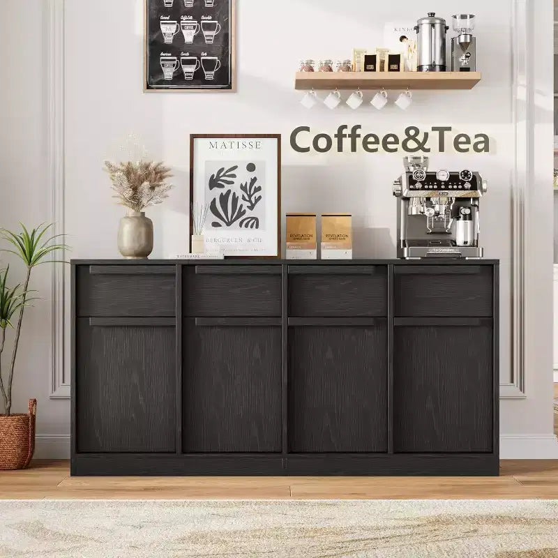 Aparador bufé de 62.4 pulgadas, armario de café grande con 4 puertas y 4 cajones, armario de almacenamiento moderno con estantes ajustables, estación de barra de café de madera