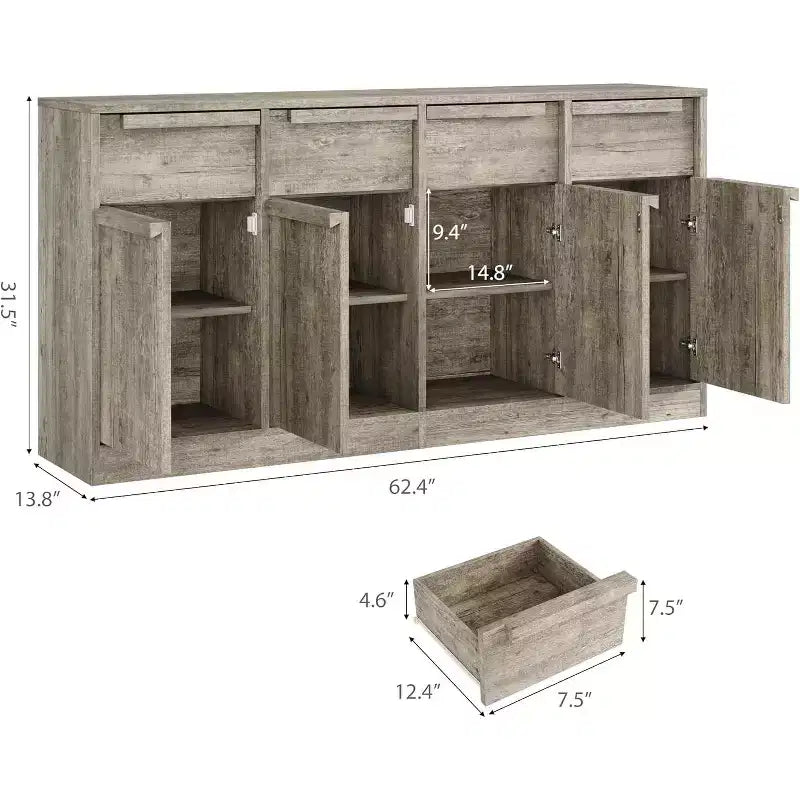 Aparador bufé de 62.4 pulgadas, armario de café grande con 4 puertas y 4 cajones, armario de almacenamiento moderno con estantes ajustables, estación de barra de café de madera