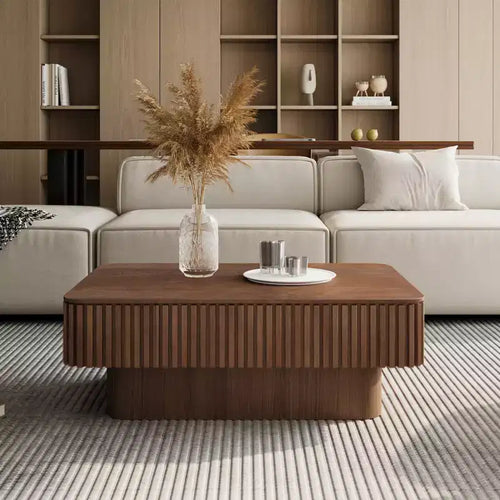 Mesa de centro elevable acanalada de 38.6'' con almacenamiento, chapa de madera maciza, mesa auxiliar moderna de altura ajustable para sala de estar, dormitorio, nogal