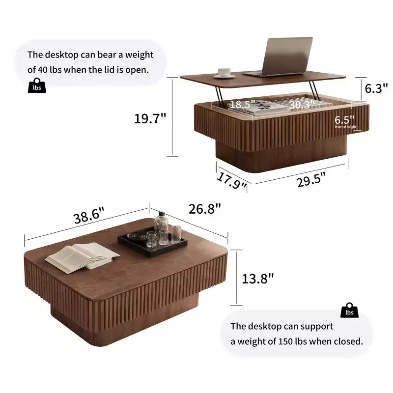 Mesa de centro elevable acanalada de 38.6'' con almacenamiento, chapa de madera maciza, mesa auxiliar moderna de altura ajustable para sala de estar, dormitorio, nogal