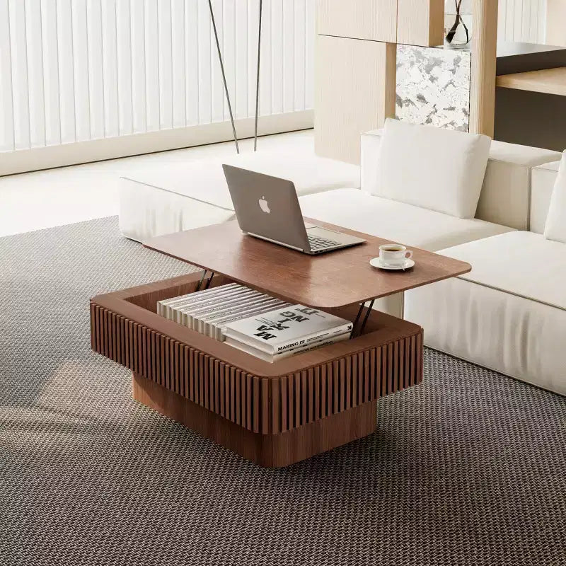 Mesa de centro elevable acanalada de 38.6'' con almacenamiento, chapa de madera maciza, mesa auxiliar moderna de altura ajustable para sala de estar, dormitorio, nogal