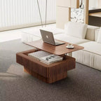 Mesa de centro elevable acanalada de 38.6'' con almacenamiento, chapa de madera maciza, mesa auxiliar moderna de altura ajustable para sala de estar, dormitorio, nogal