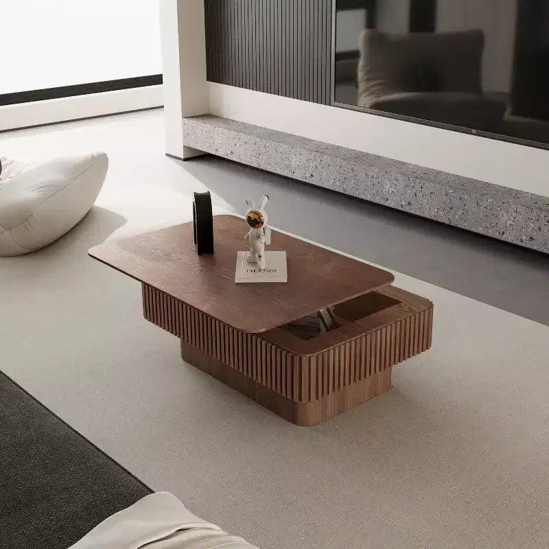 Mesa de centro elevable acanalada de 38.6'' con almacenamiento, chapa de madera maciza, mesa auxiliar moderna de altura ajustable para sala de estar, dormitorio, nogal
