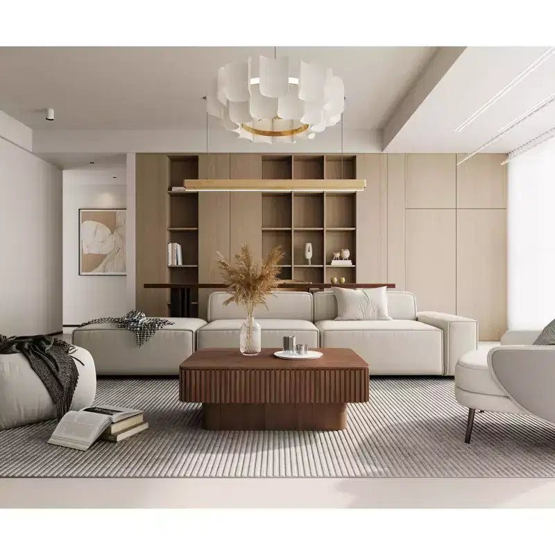 Mesa de centro elevable acanalada de 38.6'' con almacenamiento, chapa de madera maciza, mesa auxiliar moderna de altura ajustable para sala de estar, dormitorio, nogal