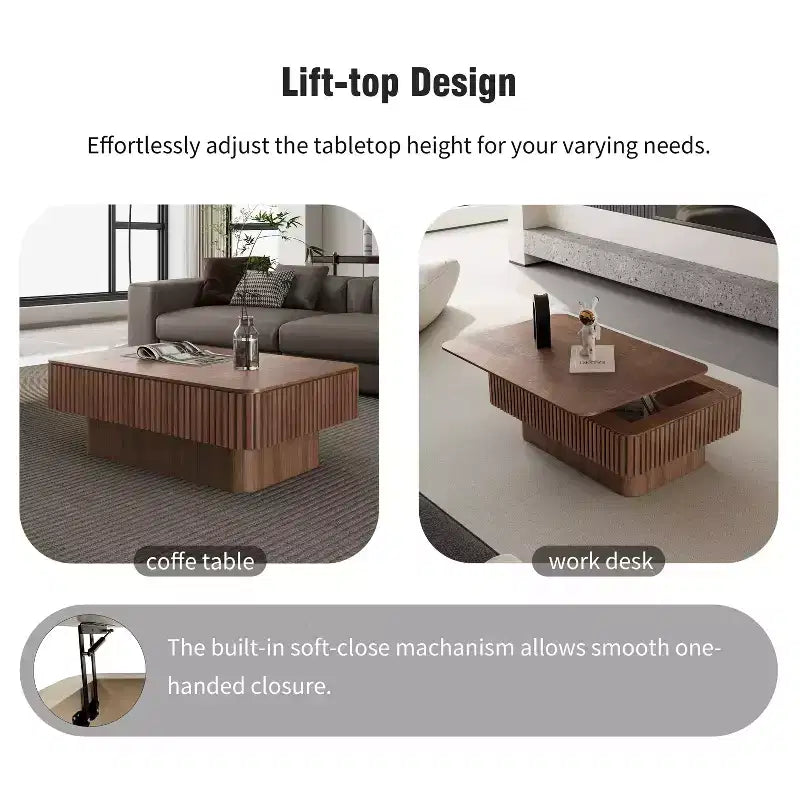 Mesa de centro elevable acanalada de 38.6'' con almacenamiento, chapa de madera maciza, mesa auxiliar moderna de altura ajustable para sala de estar, dormitorio, nogal