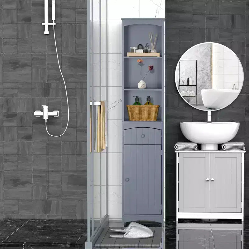 Mueble de almacenamiento de baño independiente, torre de lino alta con 3 estantes y cajón