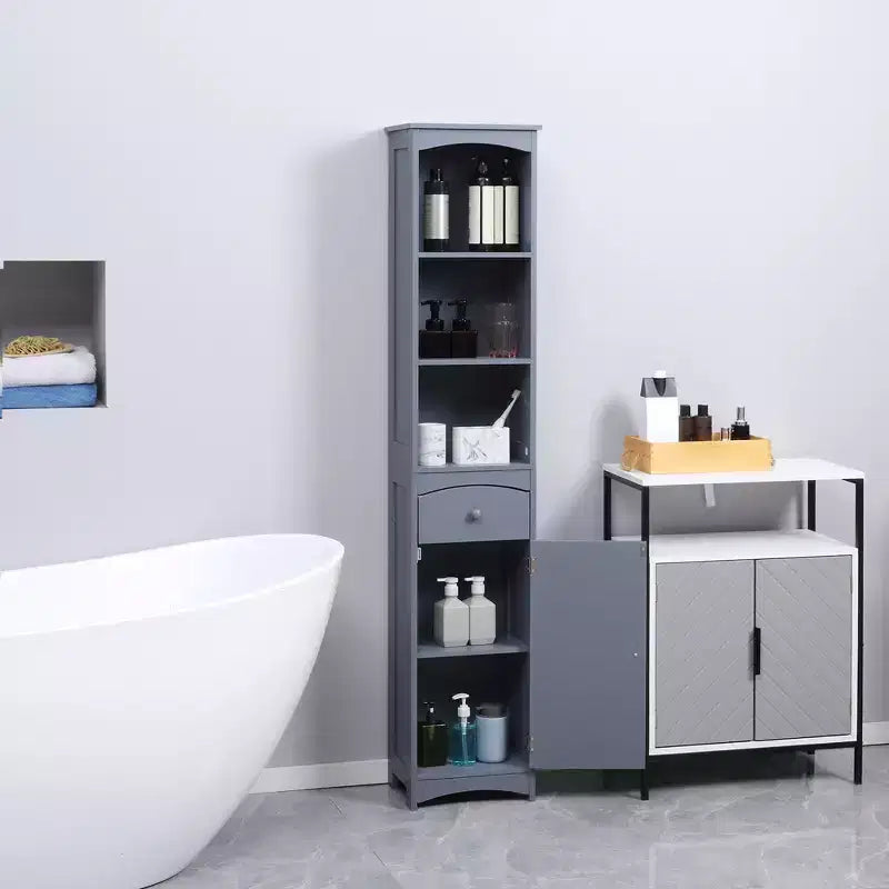 Mueble de almacenamiento de baño independiente, torre de lino alta con 3 estantes y cajón