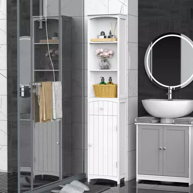 Mueble de almacenamiento de baño independiente, torre de lino alta con 3 estantes y cajón