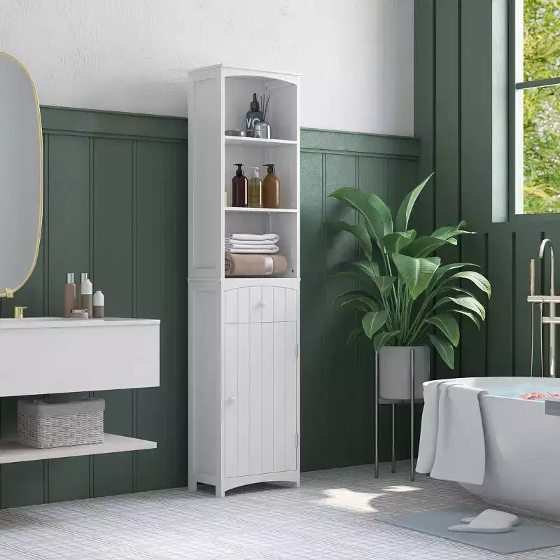 Mueble de almacenamiento de baño independiente, torre de lino alta con 3 estantes y cajón