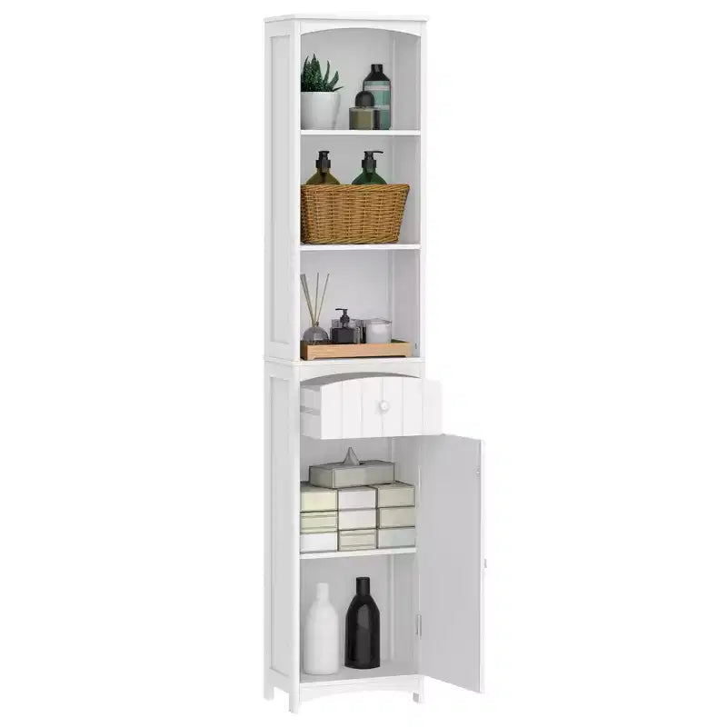 Mueble de almacenamiento de baño independiente, torre de lino alta con 3 estantes y cajón