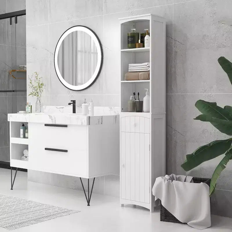 Mueble de almacenamiento de baño independiente, torre de lino alta con 3 estantes y cajón