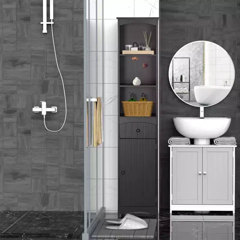 Mueble de almacenamiento de baño independiente, torre de lino alta con 3 estantes y cajón