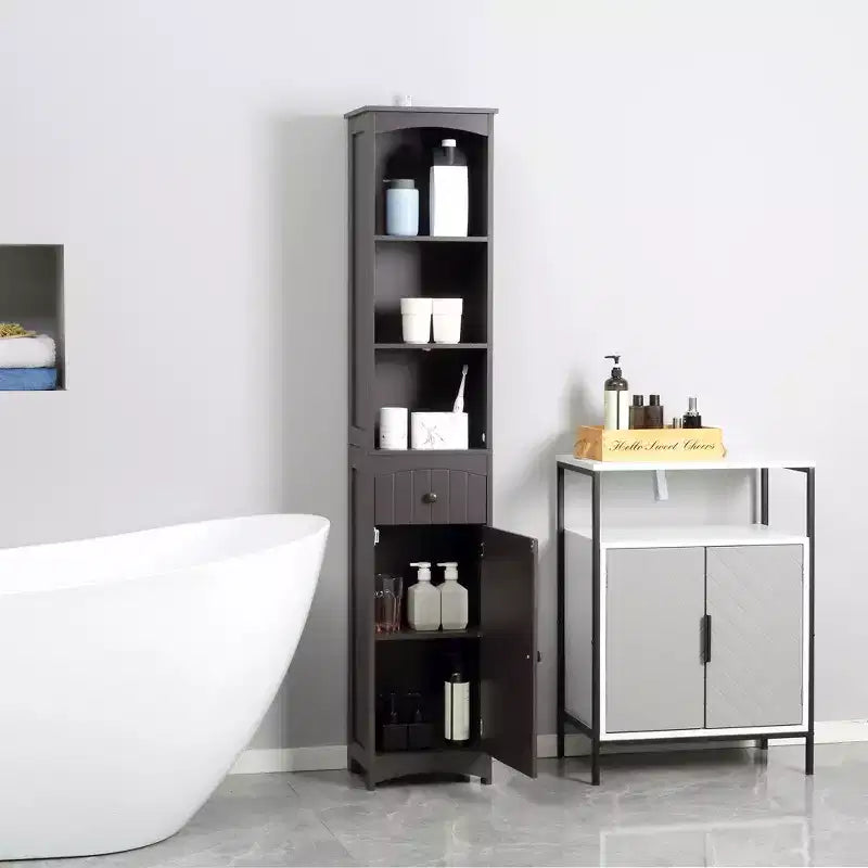 Mueble de almacenamiento de baño independiente, torre de lino alta con 3 estantes y cajón