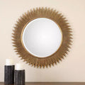 Espejo de pared decorativo de tocador moderno con marco de hierro y madera biselado en pan de oro envejecido de 36 pulgadas de ancho para baño o dormitorio