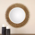 Espejo de pared decorativo de tocador moderno con marco de hierro y madera biselado en pan de oro envejecido de 36 pulgadas de ancho para baño o dormitorio